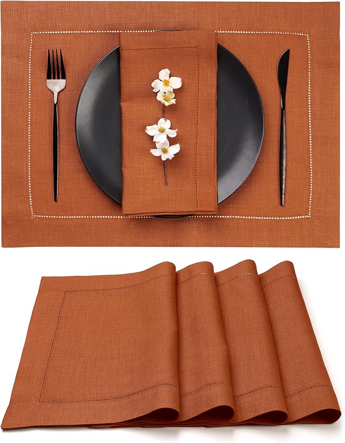 D'Moksha Homes Rust Linen Placemats Set of 4 - Classic Hemstitch Placemats 14 x 19 Inch - 100% Pure Linen Table Mats for Fall, Halloween - Handcrafted and Machine Washable