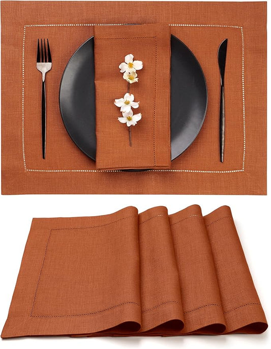 D'Moksha Homes Rust Linen Placemats Set of 4 - Classic Hemstitch Placemats 14 x 19 Inch - 100% Pure Linen Table Mats for Fall, Halloween - Handcrafted and Machine Washable