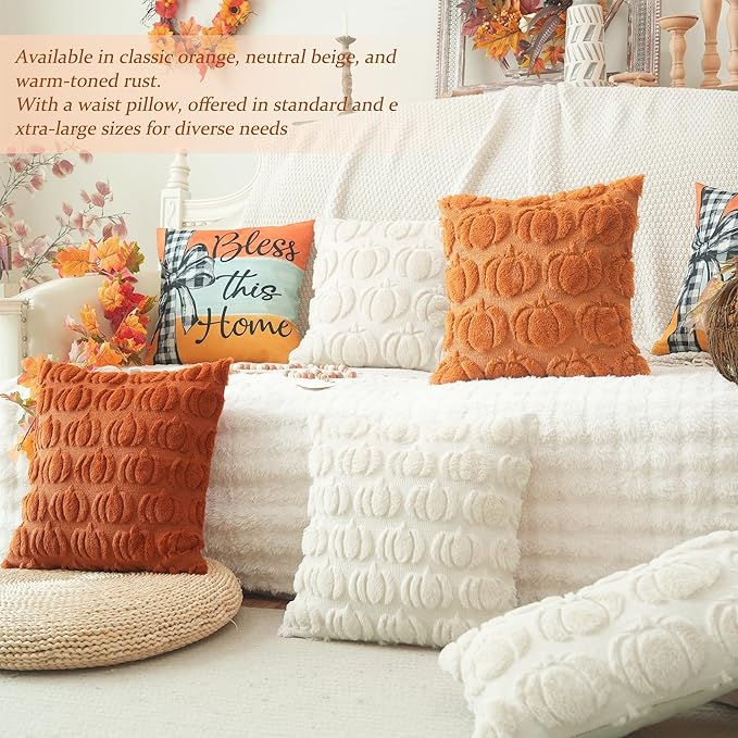 GEEORY Fall Pumpkins Soft Plush Pillow Covers, 20 x 20 Inch Set of 2, Fluffy Faux Fur Wool Decorative Farmhouse Cushion Case for Sofa Home Decoration Rust Pumpkin GC019-20
