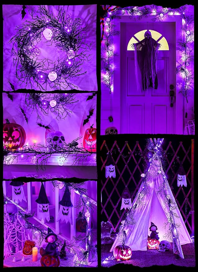 Brightown Halloween Decorations Garland with Lights, 6 Feet 20 LED Purple Lights Vine Garland with Spider, Skull, Battery Operated for Fireplace Mantle Wall Table Door