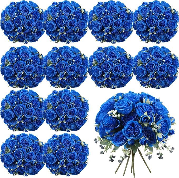 Geosar 16 Bundles Artificial Peonies Flowers Fake Silk Peony Bouquet Faux Peonies Flowers Bulk for Decoration Vase Florals Arrangements Wedding Party Table (Royal Blue)