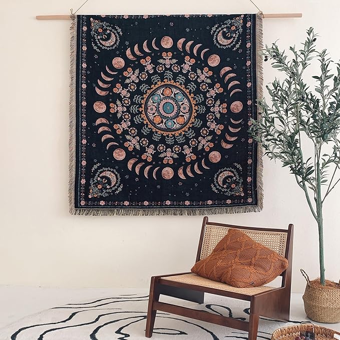 Boho Throw Blanket Reversible Cotton Bohemian Tapestry Hippie Room Decor Double Sided (Lunar Eclipse Black 50"x60")