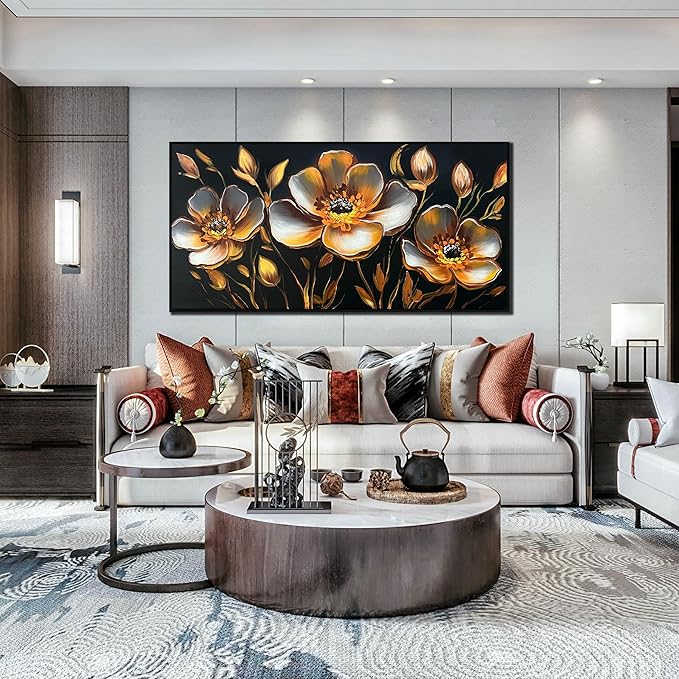 Gold Flower Canvas Art Wall Decor for Bedroom - Gold and Black Art Work for Living Room Walls - Framed Hand Painted Wall Art Size 29" x 59"