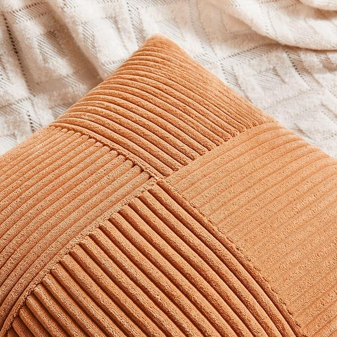 Fancy Homi Set of 4 Boho Fall Decorative Throw Pillow Covers 16x16 Inch for Couch Bed Sofa Bedroom, Modern Farmhouse Home Decor, Soft Cross Striped Corduroy Patchwork Colorful Cushion Case 40x40cm