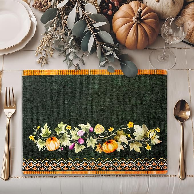 Maison d' Hermine Placemats Set of 4 100% Cotton Washable Cloth Place Mats, Reusable Table Mats for Kitchen Dining Decoration, Party, Wedding, Restaurant (Pumpkin Garden - Dark Green, 13" x 19")