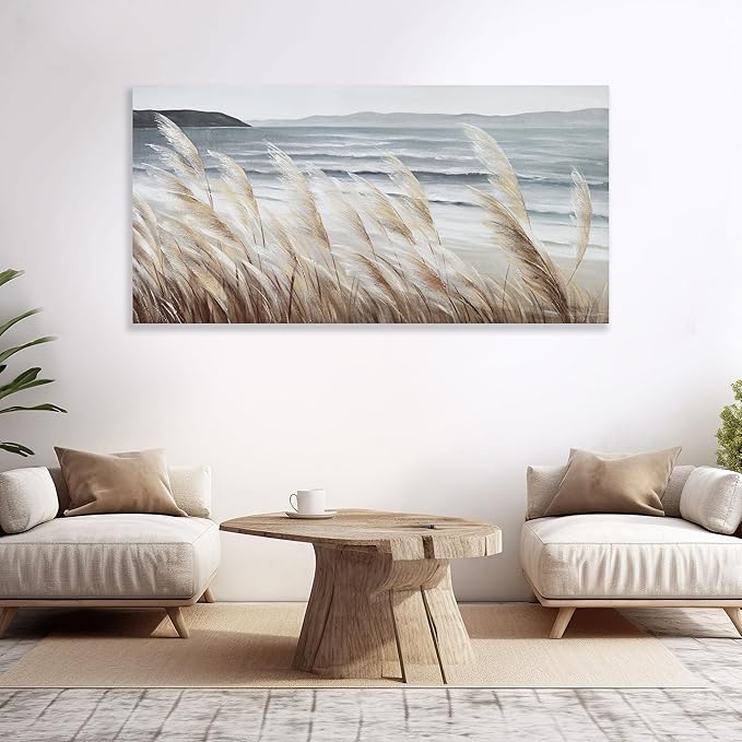 Plant Wall Art Nature Wall Art Reed Seascape Canvas Painting Wall Decor Framed Artwork for Bedroom Living Room Decoration Home Kitchen Office 29"x58"