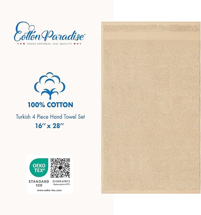 Cotton Paradise Hand Towels for Bathroom, 100% Cotton Turkish 4 Piece Hand Towel Set, Soft Absorbent Face Towels, Beige Hand Towels