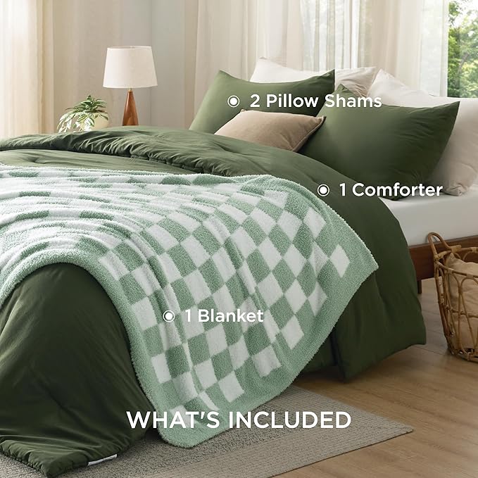 Bedsure Queen Comforter Set with Checkered Throw Blanket for Couch - 4 Pieces, 1 Olive Green Comforter Queen Size, 2 Pillow Shams, 1 Checkered Blanket, Super Soft, Lightweight & Fluffy for Bed & Sofa