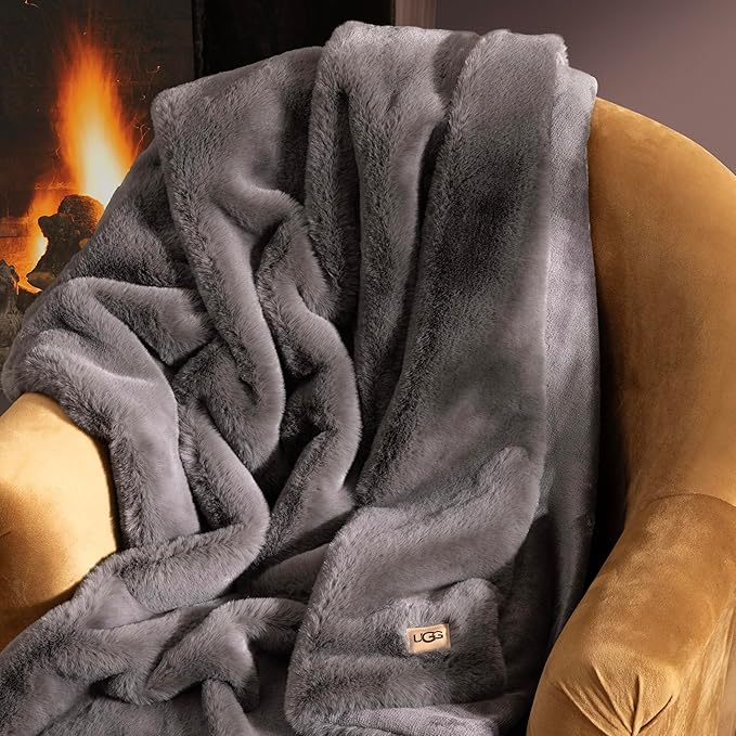 UGG Plush Faux Fur Throw Blanket Reversible Medium Weight Luxury Soft Throw Blankets for Bed or Chair, Hypoallergenic, Machine Washable, Home Decor, 50-inch x 70-inch, Charcoal Dark Grey (Euphoria)