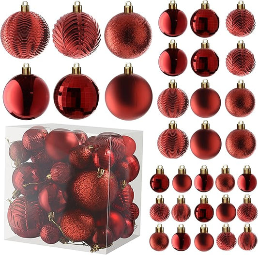 Prextex 36pc Shatterproof Red Christmas Balls Ornament Set - Festive Christmas Tree Ornaments in 3 Different Sizes and 6 Styles - Holiday Decoration with Hanging Loops for Tree, Wreath, Party Decor