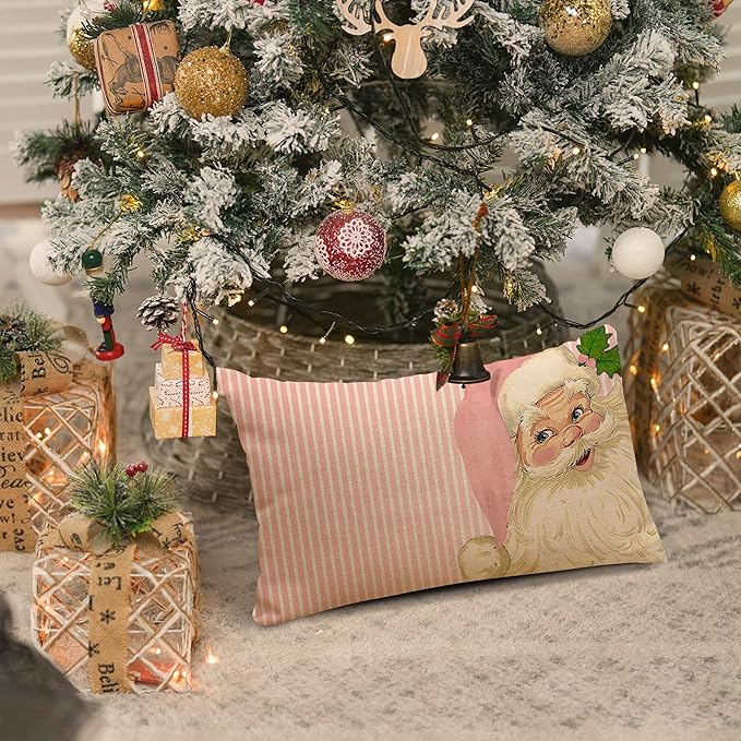 Nostalgic Santa Pillow Cover - 12X20 Inch Merry Christmas Pink Striped Throw Pillow Covers Santa Claus Pillowcase Xmas Pillow Cushion for Farmhouse Decor