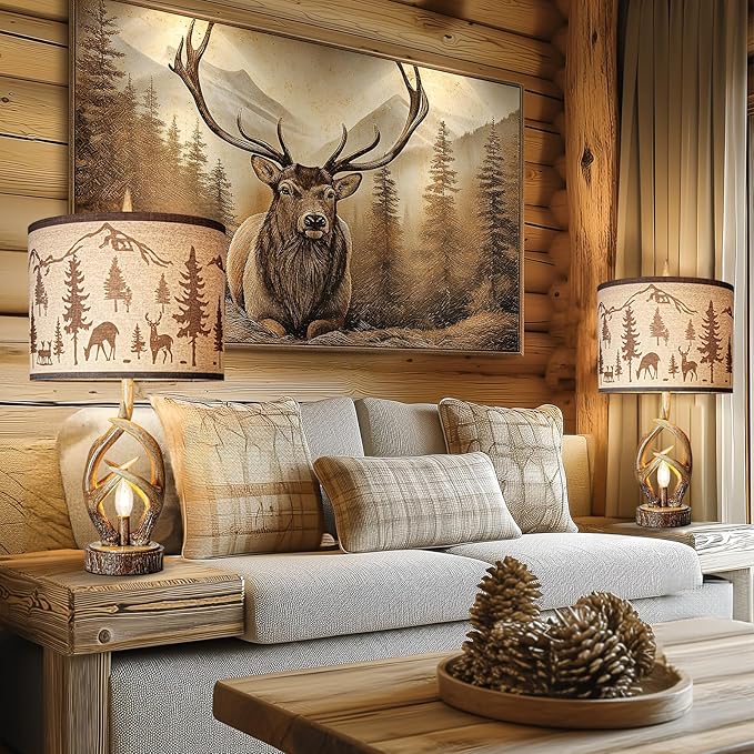 Scenekoy Antlers Style Table Lamp Set of 2 Rustic Bedside Lamp with Night Light Linen Fabric Shade Farmhouse Nightstand Lamps Decor for Living Room Bedroom House Home Office (Bulb Included)
