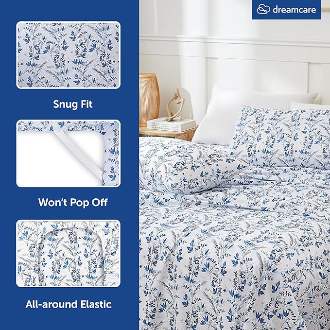 DREAMCARE Twin Size Sheets - Cooling Bed Sheets - Twin Sheet Set - Soft & Long Lasting 100% Fine Brushed Floral Blue Sheets