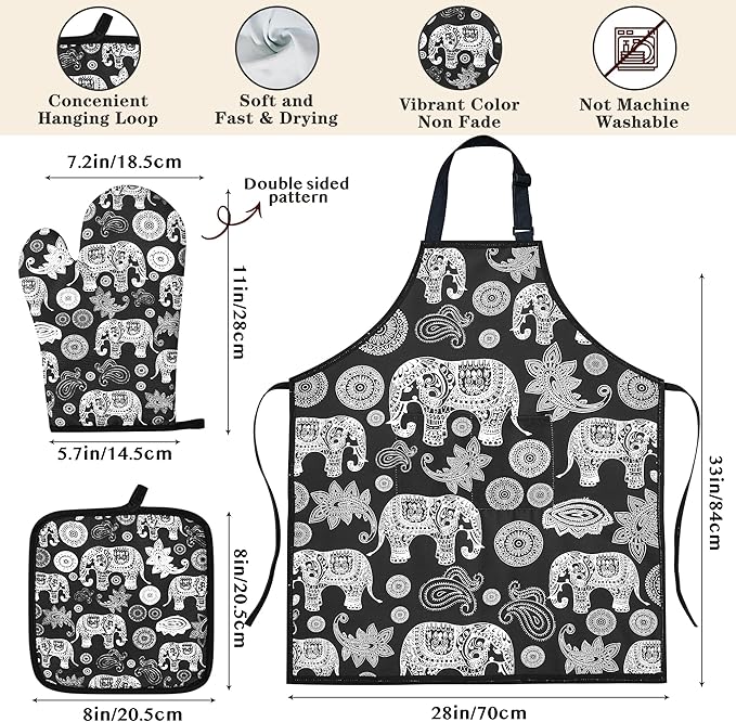 Elephant Gifts for Women,8pcs Elephants Bamboo Cooking Utensil Spoons with Apron Oven Mitt Potholder,Personalized Elefante Gift for Mom,Housewarming Kitchen Decor,Birthday Gifts (Black)