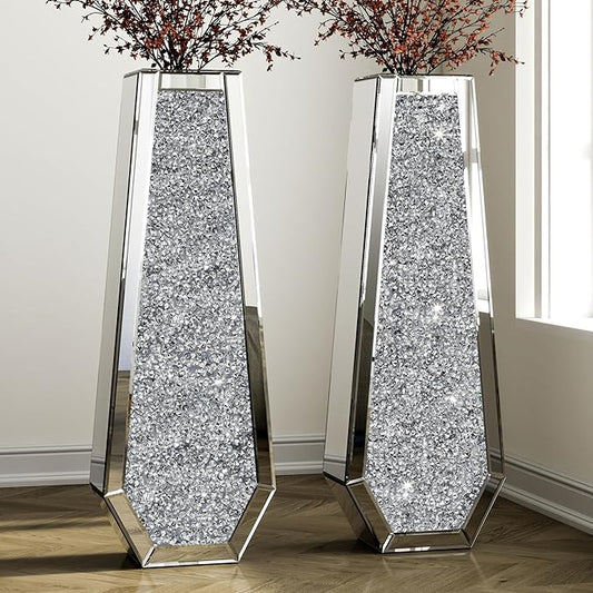 SHYFOY 30" Crushed Diamond Floor Vases Set of 2 Silver Mirrored Finish Tall Vases for Floor, Large Crystal Glass Decorative Vase for Living Room Office Corner Hallway Home Decor