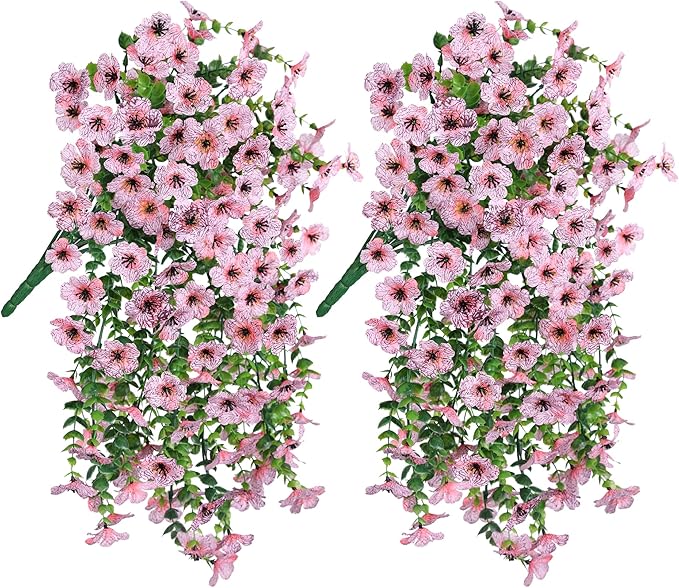 Artificial Flowers for Outdoors Decoration, 2Pcs Pink Fake Hanging Spring Summer Decor, Lifelike Plants, UV & Fading Resistant Flower for Porch Patio Balcony Planter Yard Home Garden