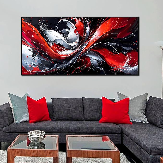 Ouzzlie Abstract Art Wall Decor Living Room Large Red Canvas Wall Art Black White Picture Artwork Modern 29" x 59"