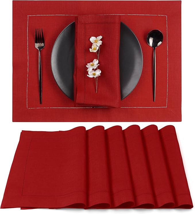 D'Moksha Homes Red Linen Placemats Set of 6 - Classic Hemstitch Placemats 14 x 19 Inch - 100% Pure Linen Table Mats for Fall, Autumn and Halloween - Handcrafted and Machine Washable