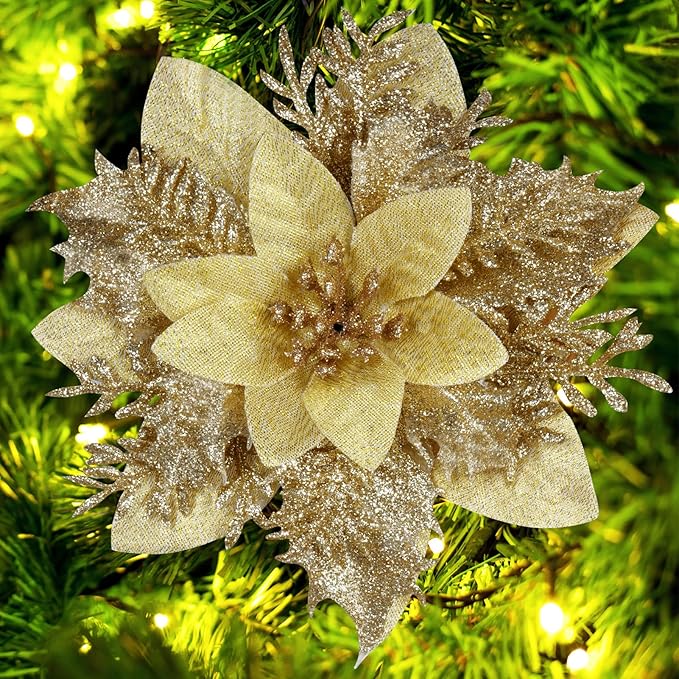 Christmas Poinsettia Artificial Flowers Decorations 5.5" Christmas Tree Wreaths Garland Decoration 12 Pcs Glitter Flowers Picks Decor for Xmas New Wedding Party Ornaments (Champagne)