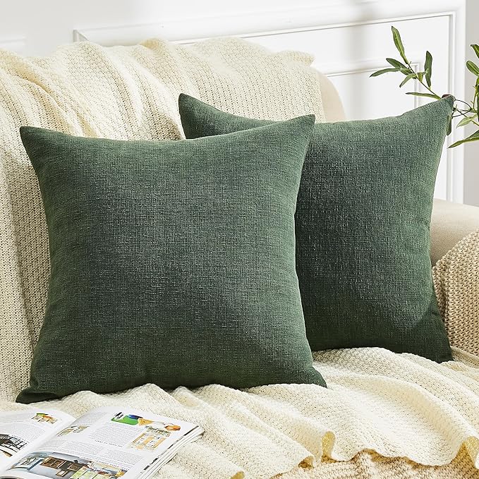 GAWAMAY Decorative Square Throw Pillow Covers 22"x22" Inch Set of 2, Super Soft Chenille Pillows Farmhouse Pillowcase for Living Room Bedroom Sofa Couch Cushion Cover Dark Green 55x55cm (No Insert)