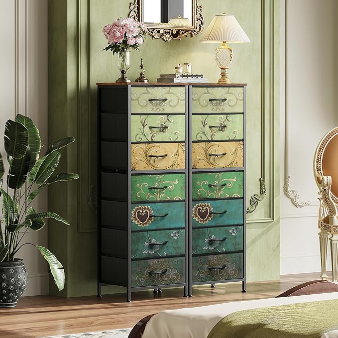 WLIVE Tall Dresser for Bedroom, 7 Drawer Dressers & Chests of Drawers, Fabric Dresser for Closet, Living Room, Night Stand with Metal Frame, Storage Tower with Fabric Bins, Wood Top, Floral Painted