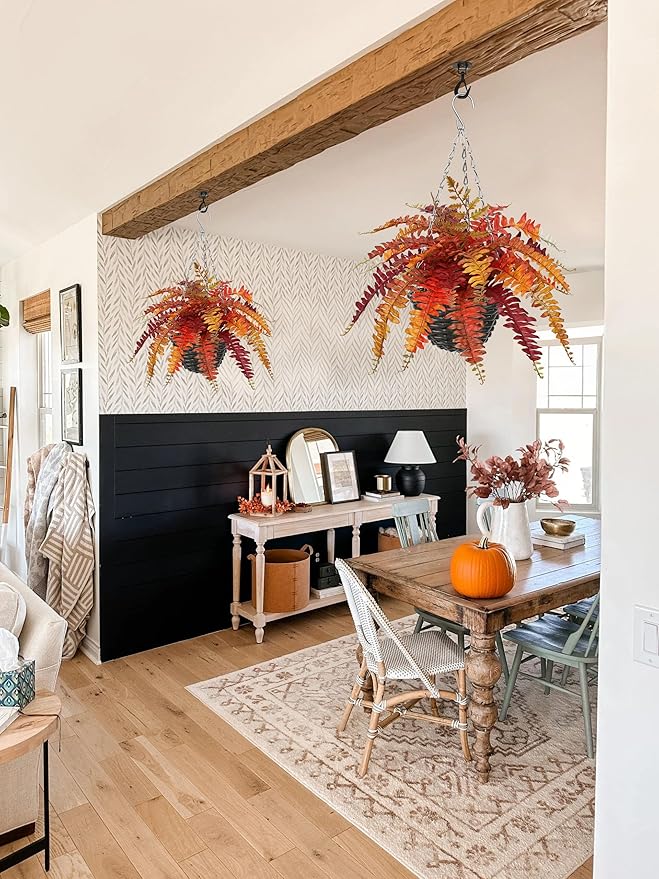 Hollyone Fall Hanging Baskets Small Artificial Fern Orange 21 Leaves Fall Hanging Decor Plant Boston Ferns Silk Plants with Black Rattan Baskets Outdoors Indoor Fake Fern Autumn Decorations for Home