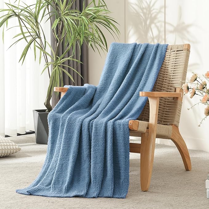 JOOJA Cozy Blue Knit Throw Blanket - Boucle Decorative Soft Fuzzy Throw Bed Blanket for Women Couch 50x60 Inches Dusty Blue