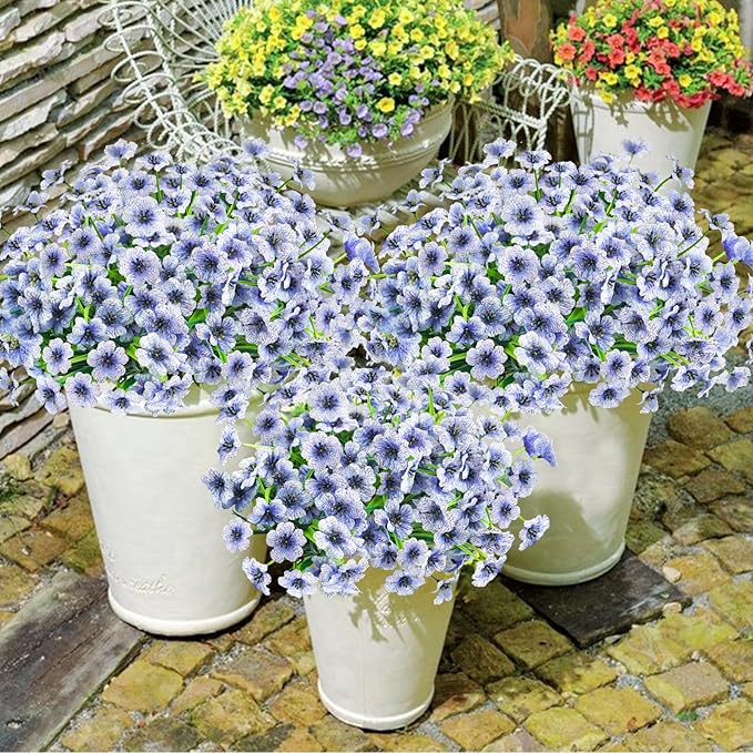 Krissing 48 Bundles Outdoor Artificial Flowers UV Resistant Fake Silk Flowers Faux Plastic Plants Outside Garden Porch Window Box Summer Decoration (Blue)