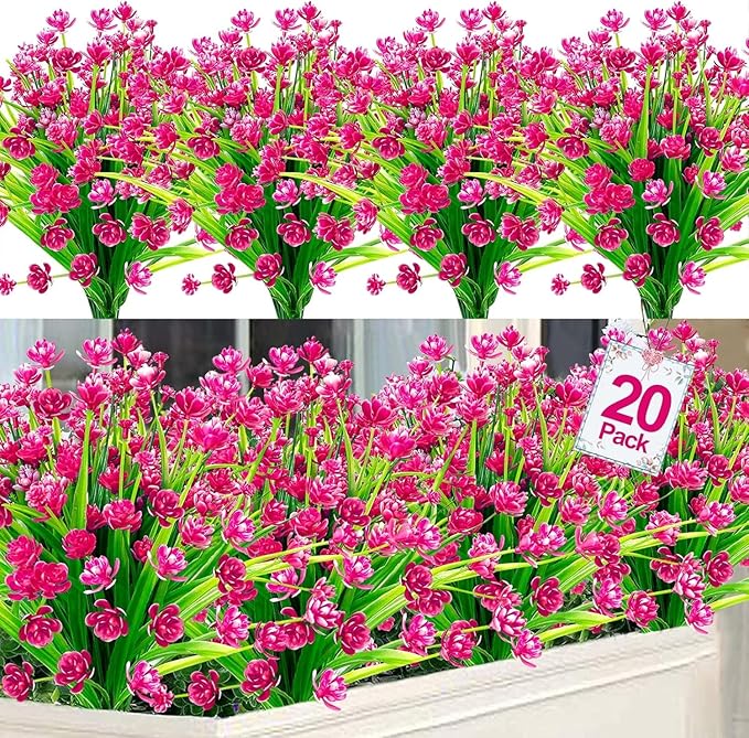 TURNMEON 20 Bundles Artificial Flowers for Outdoors Fake Plants Summer Decor, UV Resistant Artificial Plants Cemetery Fake Flowers Faux Plastic Greenery Shrubs for Home Porch Decor 580 Heads(Magenta)