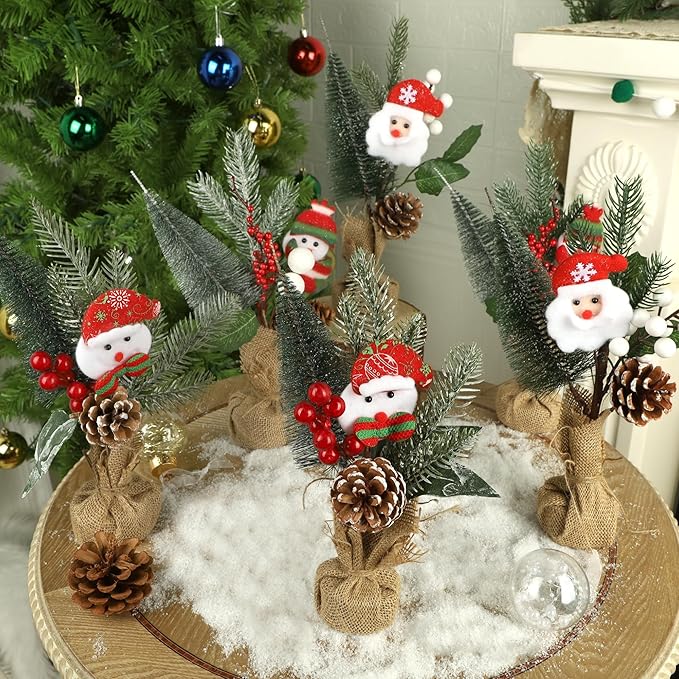 winemana 6 Pcs Small Christmas Tree Table Decorations Indoor, Mini Artificial Trees Plants with Pine Cones Santa Snowman for Tabletop Centerpiece Office Home Kitchen Xmas Holiday Decor