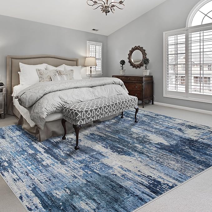 Area Rug Living Room Rugs: 5x7 Rug for Bedroom Machine Washable with Non Slip Backing Non Shedding Abstract Stain Resistant Large Carpet for Dining Room Nursery Home Office - Beige/Blue