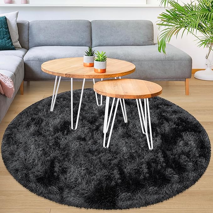 5x5 ft Tie Dye Black Round Rug for Bedroom Room Fluffy Circle Rug Furry Carpet Shaggy Circular Fuzzy Washable Non-Slip Large Area Rug Soft Indoor for Living Room Cute Aesthetic Home Decor