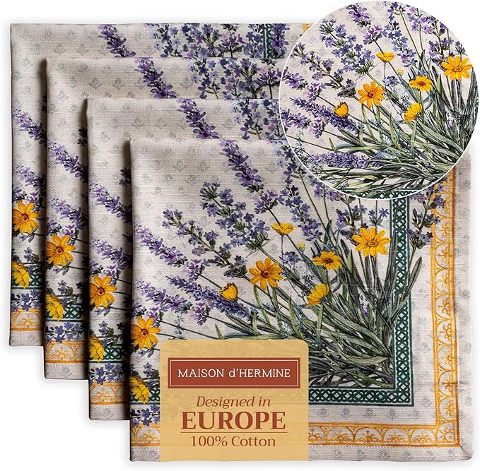 Maison d' Hermine Cloth Napkins Set of 4 100% Cotton Everyday Reusable Square Napkins Cloth Washable, Dinner, Party, Wedding, Restaurant, Spring/Summer (Fanny Lavender, 20" x 20")