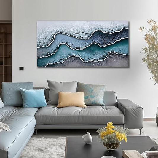 Beach Oil Painting Wall Art for Office Blue and White Wall Decor for Bedroom Wall Pictures for Living Room Size 24 x 47 Inch