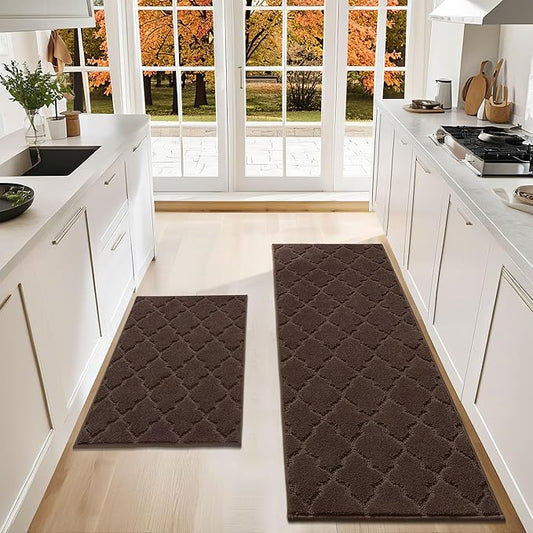 COSY HOMEER Soft Kitchen Rugs [2 PCS] for in Front of Sink Super Absorbent Kitchen Floor Mats and Mats 24x35 Inch/24X60 Non-Skid Kitchen Mat Standing Mat Washable,Polyester,Brown