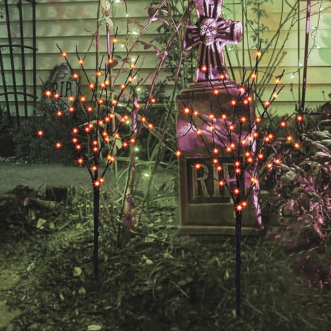 Lighted Halloween Tree Branches, 30IN 100LED Artificial Black Twig Branch with Orange Fairy Lights, Built-in Timer & Battery Operated, Waterproof for Indoor Outdoor Office Bedroom Party Decorations
