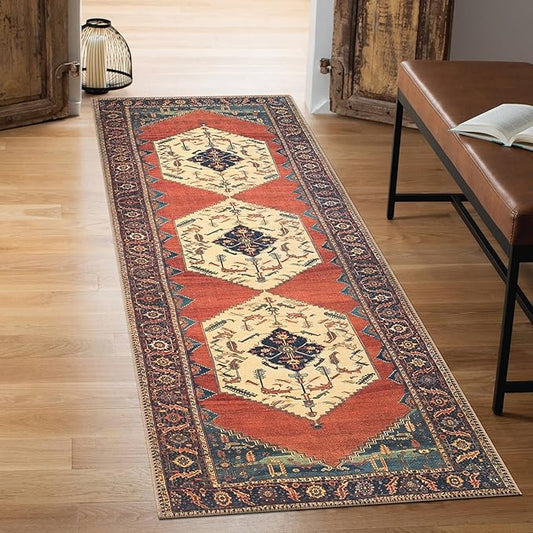 Keen Home Design 2x10 Rug - Machine Washable Runner with Non-Slip Backing, Ideal for Hallway, Entryway, Kitchen, Laundry Room - Vintage, Easy Clean, Durable, Low Pile Rug - (2'6" x 10')