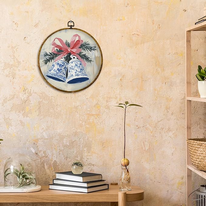 CUANFDDSF Chinoiserie Christmas Bells Round Wall Art Decor, Vintage Christmas Bells Wall Hanging Frame Decor, Grand Millenial Xmas Holiday Canvas Prints Decorations for Home Bedroom, 10x10 Inch