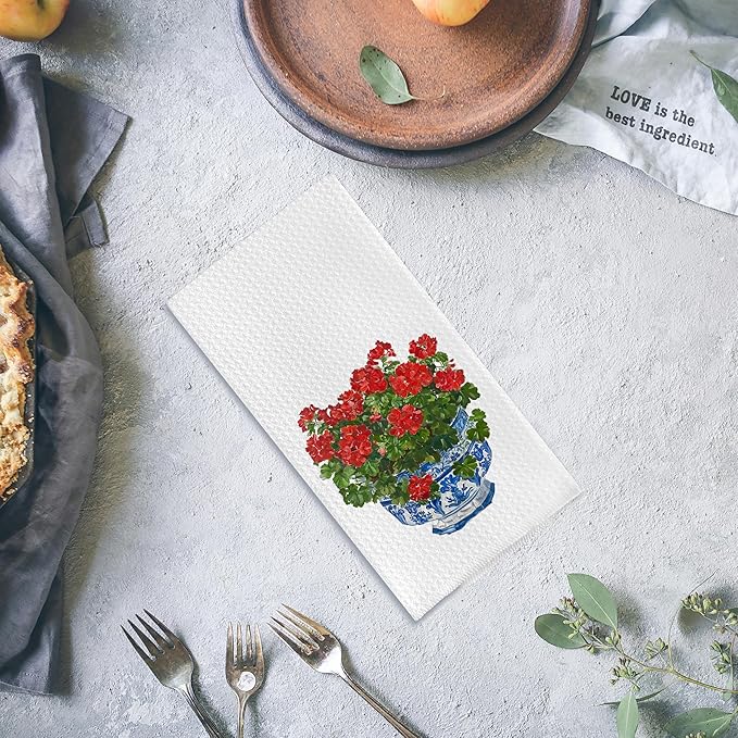 Chinoiserie Blue and White Geranium Porcelain Towels - Kitchen Dish & Bath Hand Towels (16x24 Inches, 8)