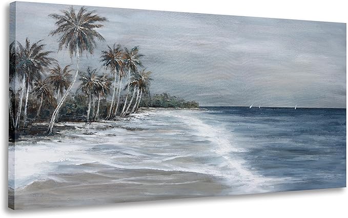 Coastal Wall Art Blue Gray Beach Wall Decor Landscape Abstract Canvas Painting Modern Ocean Artwork Framed for Living Room Bedroom Bathroom Office Decor 58"x29"Can Be Hung Directly