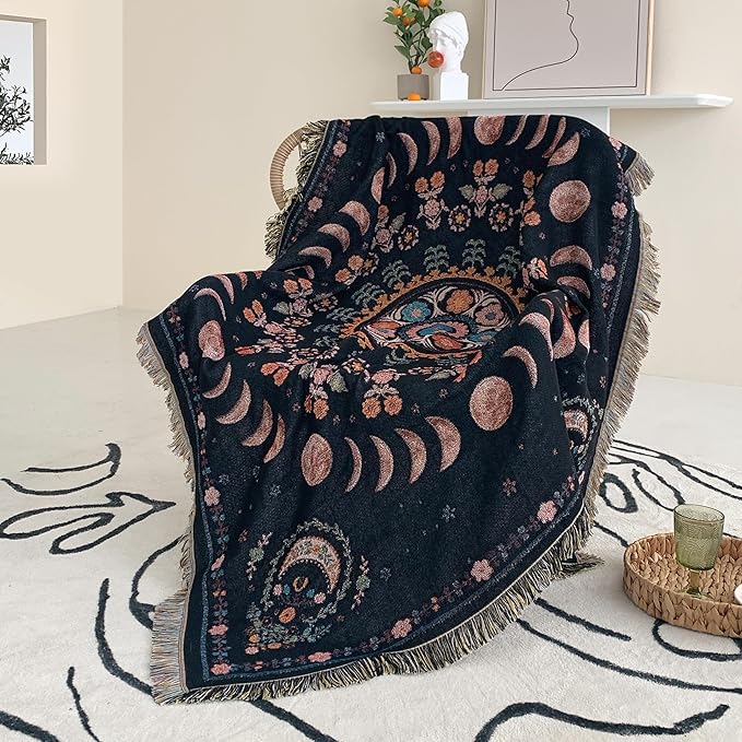 Boho Throw Blanket Reversible Cotton Bohemian Tapestry Hippie Room Decor Double Sided (Lunar Eclipse Black 50"x60")