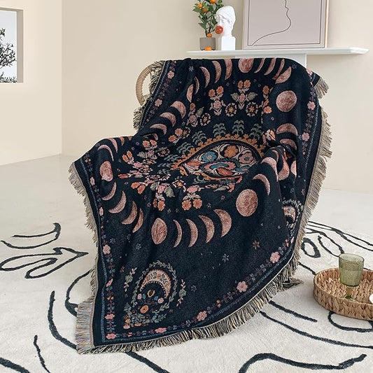 Boho Throw Blanket Reversible Cotton Bohemian Tapestry Hippie Room Decor Double Sided (Lunar Eclipse Black 50"x60")