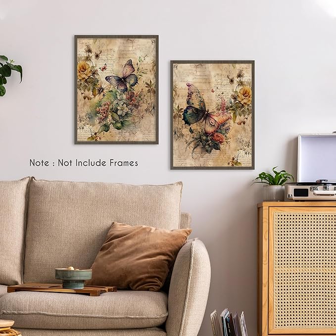 HRQKO Vintage Retro Butterfly Flower Wall Art Poster Prints Set of 4, Butterfly Floral Pictures Artwork Printing Posters Wall Decor, Blossom Botanical Prints for Bathroom Living Room 12”x16”