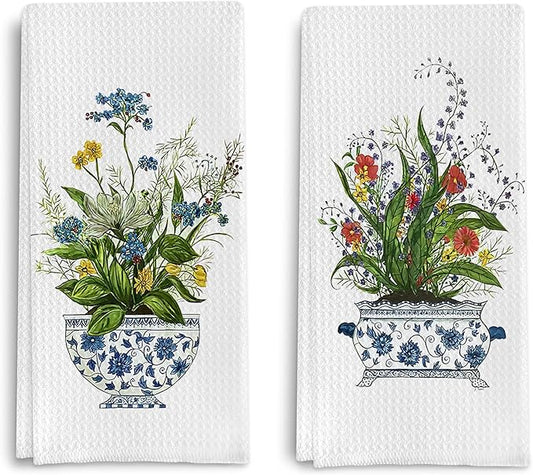 Chinoiserie Floral Kitchen Towels Set of 2 - Retro Flower Chinoiserie Dish Towels for Kitchen, Chinoiserie Kitchen Hand Towels, Chinoiserie Waffle Weave Tea Towels Decorative Set 16 X 24 Inch