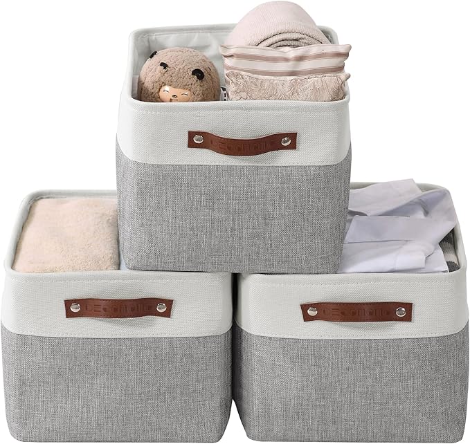 DECOMOMO Storage Bins | Fabric Storage Basket for Shelves for Organizing Closet Shelf Nursery Toy | Decorative Large Linen Closet Organizer Bins with Handles (White, Large - 3 Pack)