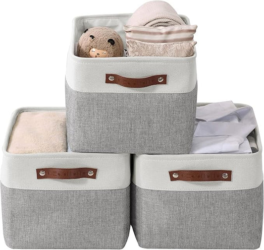 DECOMOMO Storage Bins | Fabric Storage Basket for Shelves for Organizing Closet Shelf Nursery Toy | Decorative Large Linen Closet Organizer Bins with Handles (White, Large - 3 Pack)