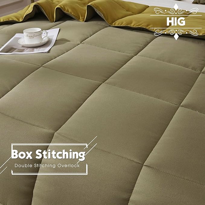 HIG 3pc Dark Olive Queen Size Comforter Set - All Season Reversible Down Alternative Comforter with Two Shams - Quilted Duvet Insert with Corner Tabs - Box Stitched Blanket - Breathable, Soft, Fluffy