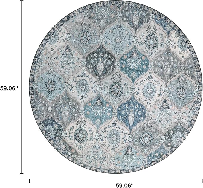 Lahome Moroccan Trellis Round Rug, 5ft, Blue, Faux Wool, Machine Wash, Non-Slip Backing, Low Pile, Floral Pattern, Area Rug for Bedroom, Living Room, Bathroom