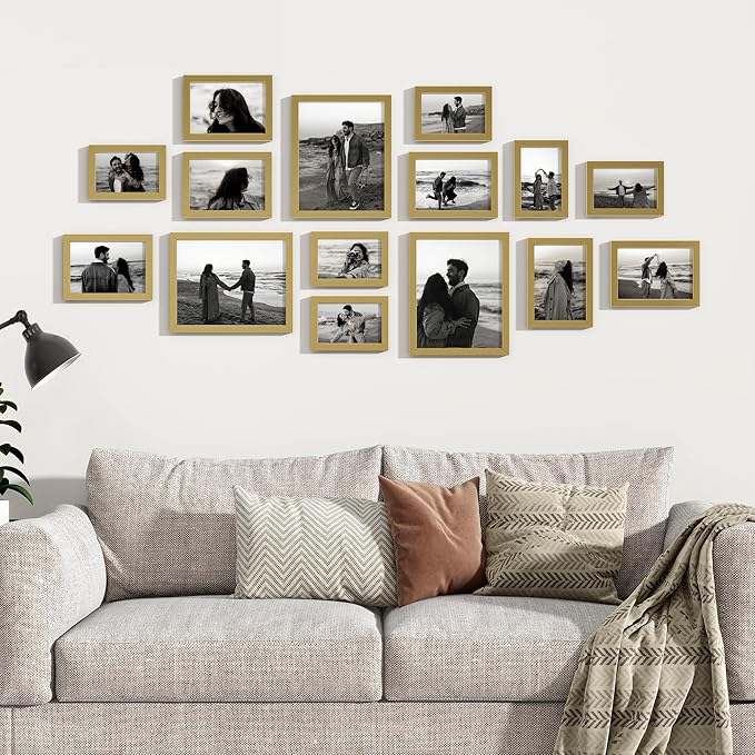 15 Pack Picture Frames Collage Wall Decor, Gallery Frame Set for Wall Mounting or Tabletop Display, Multi Sizes Including 3pcs 8x10, 6pcs 5x7, 6pcs 4x6, Gold