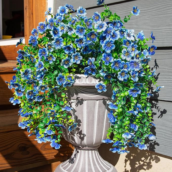 Artificial Faux Hanging Flowers Plant for Fall Outdoor Outside Decoration, 2 PCS Fake Silk Violets with Eucalyptus UV Resistant Realistic Daisy Trailing Vines for Balcony Yard Patio Porch Planter,Blue